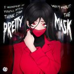  1girl black_eyeshadow black_hair black_shirt breasts coat english_text eyeshadow hair_between_eyes highres kuchisake-onna logo long_hair makeup mask mouth_mask original red_coat red_eyes red_mask removing_mask ribbed_shirt shirt solo stitched_mouth stitches teyoid turtle upper_body 