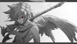  1boy absurdres angel angel_wings armlet commentary dark_pit feathered_wings greyscale highres holding kid_icarus kid_icarus_uprising laurel_crown looking_at_viewer male_focus monochrome red_eyes scarvii smoke solo spot_color symbol-only_commentary upper_body wings 
