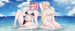  2girls absurdres arm_up barefoot bikini bird black_bikini blonde_hair blue_eyes blue_sky blush breasts cleavage closed_mouth cloud collarbone collared_shirt commission day deogho_(liujinzy9854) dress_shirt eyewear_on_head feet hair_between_eyes heart heart-shaped_eyewear highres horizon knee_up large_breasts lens_flare long_hair looking_at_viewer multiple_girls navel ocean original outdoors partially_submerged pink_hair ponytail red_eyes seagull shirt sitting sky smile spread_legs starfish stomach sunglasses swimsuit thighhighs toes underboob wariza wet white_bikini white_shirt white_thighhighs 