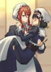  ! 2girls apron black_dress black_hair blue_eyes blurry blurry_background blush carrying closed_mouth commentary_request dress eye_contact flower hair_flower hair_ornament hasukeii hat highres ilia_coral juliet_sleeves lainie_cyan light_particles long_hair long_sleeves looking_at_another maid maid_apron medium_hair mob_cap motion_lines multiple_girls neck_ribbon parted_lips princess_carry puffy_sleeves red_eyes red_hair red_ribbon ribbon tensei_oujo_to_tensai_reijou_no_mahou_kakumei white_flower yuri 