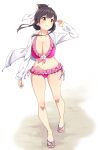  1girl bikini black_hair breasts character_request check_character cleavage folded_ponytail full_body green_eyes hair_ribbon highres large_breasts long_sleeves looking_to_the_side midriff motsutoko navel open_clothes pink_bikini purple_bikini ribbon sandals smile solo sweater swimsuit toji_no_miko white_background white_ribbon white_sweater yanase_mai 