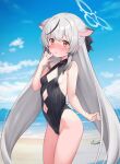  1girl :o adapted_costume animal_ear_fluff animal_ears bare_shoulders beach black_hair black_one-piece_swimsuit black_ribbon blue_archive blue_sky blush breasts bubble casual_one-piece_swimsuit cloud commentary_request cowboy_shot day diamond_cutout fubuki_rinne grey_hair hair_ribbon halo highres horizon kokona_(blue_archive) long_hair looking_at_viewer multicolored_hair ocean one-piece_swimsuit orange_eyes outdoors parted_lips ribbon seashell shell shore sky small_breasts solo streaked_hair striped striped_one-piece_swimsuit swimsuit tiger_ears vertical-striped_one-piece_swimsuit vertical_stripes very_long_hair water 