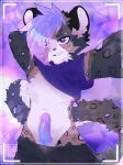  anthro clothed clothing dexechii_(artist) digital_media_(artwork) erection fangs fluffy fur genitals gradient_penis hair hi_res looking_at_viewer male nude paws penis purple_eyes purple_penis selfie smile solo tail teeth 