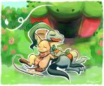  accessory bandanna building clothing duo elemental_creature female feral flora_fauna flower generation_1_pokemon generation_3_pokemon grovyle house kerchief markings nintendo plant pokemon pokemon_(species) raichu resting scar scarf sketchygarden sleeping tired waiting 