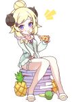  1girl blonde_hair cross_(vgne4542) food fruit highres hololive pineapple pizza purple_eyes solo tsunomaki_watame tsunomaki_watame_(5th_costume) 