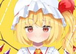  1girl :&gt; blonde_hair closed_mouth commentary crystal flandre_scarlet hat hat_ribbon highres looking_at_viewer medium_hair mob_cap one_side_up polka_dot polka_dot_background red_eyes red_ribbon ribbon smile smug solo terecho touhou upper_body white_headwear wings yellow_background 