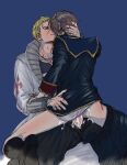  2boys anal belt black_belt black_footwear black_pants black_shirt blonde_hair blue_background blush boots brown_hair chain clothed_sex coat cum cum_in_ass cum_overflow final_fantasy final_fantasy_viii formal grey_coat grin hand_on_another&#039;s_head hand_on_another&#039;s_hip imminent_kiss jewelry long_coat long_sleeves looking_up male_focus multiple_boys necklace open_clothes open_coat pants scar scar_on_face seifer_almasy sex shirt short_hair simple_background sitting sitting_on_lap sitting_on_person sleeve_cuffs smile soo_(sr00a2ht) squall_leonhart white_coat yaoi 