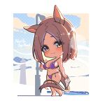  1girl animal_ears bare_shoulders barefoot bikini breasts character_name chibi closed_mouth commentary highres holding horse_ears horse_girl horse_tail large_breasts light_brown_hair light_smile looking_at_viewer medium_hair narita_top_road_(umamusume) no_nose outdoors parted_bangs purple_bikini skindentation solo sparkle standing swimsuit tail thighs umamusume underboob warashi 