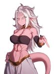  1girl android_21 bracelet breasts cleavage colored_skin detached_sleeves dragon_ball dragon_ball_fighterz dragon_ball_super dragon_ball_z earrings harem_pants highres hoop_earrings jewelry long_hair majin_android_21 navel pants pink_skin pointy_ears red_eyes simple_background solo tail white_background white_hair white_pants zequung 