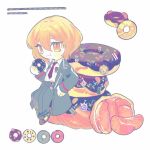 1girl black_coat black_pants blonde_hair coat collared_shirt don_quixote_(limbus_company) doughnut eating food fruit hand_up holding holding_food limbus_company liyln02617464 looking_at_viewer mandarin_orange necktie pants project_moon red_necktie shirt short_hair simple_background solo sticker white_background white_shirt yellow_eyes 