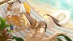  1girl animal_ears barefoot beach bird blurry blurry_foreground body_markings closed_eyes fox hammock highres kanitamago ocean ochette_(octopath_traveler) octopath_traveler octopath_traveler_ii owl seashell shell shorts sleeping starfish tail white_hair 