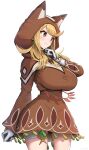  1girl absurdres blonde_hair brown_dress brown_eyes cowboy_shot dress earrings gonzarez highres hood hoodie jewelry mythra_(xenoblade) simple_background solo swept_bangs thigh_strap xenoblade_chronicles_(series) xenoblade_chronicles_2 