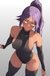  1girl absurdres arm_warmers black_leotard black_thighhighs bleach closed_mouth covered_navel dark-skinned_female dark_skin frown highres izei1337 leotard long_hair looking_at_viewer multicolored_eyes ponytail purple_hair red_eyes shihouin_yoruichi solo thighhighs yellow_eyes 