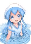  1girl absurdres blue_eyes blue_hair breasts commentary head_scarf highres ikamusume open_mouth partially_submerged reo_(salmomomon) shinryaku!_ikamusume small_breasts smile solo upper_body water 