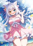  1girl :d aina_rive animal_ear_fluff animal_ears antenna_hair bangs bare_shoulders blue_eyes bow breasts cat_ears cat_girl cat_tail center_frills dress flower frills grey_hair hair_between_eyes hair_bow hair_flower hair_intakes hair_ornament hand_up heterochromia highres long_hair looking_at_viewer mauve medium_breasts original petals pink_bow pink_dress pink_footwear shoes sleeveless sleeveless_dress smile solo standing standing_on_one_leg tail very_long_hair water yellow_eyes yellow_flower 