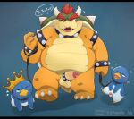  2023 96panda anthro avian balls belly big_belly bird blue_body bowser collar crown dialogue english_text erection genitals group headgear hi_res kemono king_penguin_(smbm) koopa leash male male/male mario_bros nintendo overweight overweight_male penguin penis scalie text the_super_mario_bros_movie white_body 