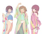  +_+ 3girls :d ;d aqua_camisole arm_up ass_visible_through_thighs bare_legs blonde_hair blue_camisole blunt_bangs blunt_ends brown_eyes brown_hair camisole collarbone colored_inner_hair commentary dot_nose fang flat_chest floral_print green_eyes green_kimono hair_between_eyes head_tilt highres hozuki_momiji japanese_clothes kimono leaf_print light_blush lily_print looking_at_viewer maple_leaf_print multicolored_hair multiple_girls murairamuraiari murosaki_miyo navel off_shoulder oka_asahi one_eye_closed onii-chan_wa_oshimai! open_clothes open_kimono open_mouth panties pink_kimono print_kimono red_hair smile striped striped_kimono sun_print two-tone_hair two_side_up underwear undressing white_panties wide_sleeves yukata 