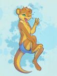  2023 absurd_res anthro brown_body brown_fur bubble clothed clothing digital_media_(artwork) fur gesture green_eyes hi_res male mammal mustelid one_eye_closed otter solo swimming_trunks swimwear teeth tongue tongue_out topless underwater v_sign water wink yellow_body yellow_fur yshanii 