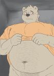  2023 anthro bear belly big_belly black_nose blush clothed clothing clothing_lift hi_res humanoid_hands kemono male mammal navel o_hashi2020 overweight overweight_male shirt shirt_lift solo topwear 