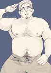  1boy absurdres bara belly blush fat fat_man feet_out_of_frame glasses goatee_stubble greyscale_with_colored_background head_tilt highres kosuke_(ksk11ksk11) large_pectorals legs_apart looking_at_viewer male_focus navel navel_hair nipples original pectorals salute short_hair solo sparse_chest_hair standing thick_eyebrows thick_navel_hair thick_thighs thighs topless_male 