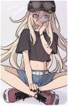  1girl :q absurdres belt black_nails black_shirt blonde_hair blue_shorts character_name crop_top danganronpa_(series) danganronpa_v3:_killing_harmony eyewear_on_headwear grey_belt highres indian_style iruma_miu long_hair messy_hair midriff nail_polish navel notice_lines red_footwear shirt short_sleeves shorts sitting solo stomach sunglasses tongue tongue_out xiao_(grsnss25) 