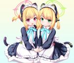  2girls :d absurdres alternate_costume animal_ear_headphones animal_ears aqua_bow aqua_bowtie blonde_hair blue_archive blunt_bangs bow bowtie cat_ear_headphones cat_tail commentary_request fake_animal_ears fake_tail green_eyes hair_bow hair_ribbon halo headphones highres holding_hands long_sleeves looking_at_viewer maid maid_headdress midori_(blue_archive) midori_(maid)_(blue_archive) momoi_(blue_archive) momoi_(maid)_(blue_archive) multiple_girls no_shoes official_alternate_costume official_alternate_hairstyle pantyhose parted_bangs purple_eyes ribbon short_hair siblings sidelocks simple_background sisters sitting smile tail tamagotchi twins uro30 wariza white_pantyhose 