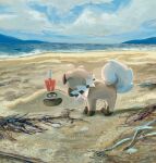  beach blue_sky cloud facing_away full_body highres horizon no_humans ocean open_mouth outdoors pokemon pokemon_(creature) rockruff sakusakufugashi sand sandygast shovel sky smile standing water 