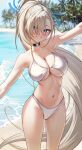  1girl asuna_(blue_archive) bare_shoulders beach bikini blue_archive blue_eyes blurry blurry_background blush breasts cleavage commentary_request eyes_visible_through_hair grey_hair hair_ornament hair_over_one_eye highres large_breasts long_hair looking_at_viewer navel outdoors parted_lips ponytail smile solar_(happymonk) solo stomach swimsuit teeth thighs white_bikini 