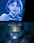  1boy 1girl armor blade_runner_2049 cortana halo_(series) hand_on_own_cheek hand_on_own_face highres hologram master_chief outdoors power_armor scene_reference short_hair spartan_(halo) texd41 