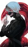  1boy absurdres artist_name black_bodysuit black_nails black_sclera bodysuit colored_sclera from_side hand_up highres kagune_(tokyo_ghoul) kaneki_ken long_sleeves maousr mask mouth_mask nail_polish red_eyes shiny_clothes simple_background solo teeth_print tentacles tokyo_ghoul white_background 