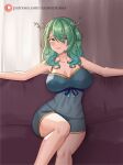  1girl absurdres antlers azurecruiser bare_arms bare_legs braid braided_bangs branch breasts ceres_fauna cleavage collarbone couch curtains dress green_hair hair_over_one_eye highres hololive hololive_english knee_up large_breasts lips looking_at_viewer nightgown on_couch outstretched_arms patreon_username ribbon see-through see-through_dress sitting smile spread_arms virtual_youtuber window yellow_eyes 