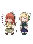 2girls ? admiral_(kancolle) belt black_belt black_thighhighs blonde_hair blue_necktie blue_skirt blunt_bangs bow braid braided_bun breasts clipboard collared_shirt commentary_request de_ruyter_(kancolle) drooling grabbing_own_breast green_bow green_sailor_collar green_skirt green_thighhighs green_vest grey_eyes hair_bow hair_bun headgear highres holding holding_clipboard izumikuma kantai_collection long_hair looking_at_another medium_breasts mouth_drool multiple_girls naughty_face neckerchief necktie open_mouth orange_neckerchief personality_switch perth_(kancolle) plaid plaid_skirt pleated_skirt red_hair sailor_collar sailor_shirt school_uniform serafuku shirt short_sleeves skirt sweatdrop thighhighs twitter_username vest white_background white_shirt yellow_eyes 