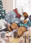  2022 anthro arm_around_shoulders balls barazoku barefoot bear bottomless casual_exposure christmas christmas_clothing christmas_sweater christmas_topwear christmas_tree clothed clothing cuddling detailed_background duo eggnog embrace epic_games eye_patch eyewear feet feet_up felid flaccid fortnite genitals head_grab hi_res holidays inside kemono kissing larger_male lion male male/male mammal overweight overweight_male pantherine penis plant polar_bear polar_patroller romantic romantic_couple ross_(rossciaco) scarf sitting size_difference smaller_male st.boogie sweater topwear tree ursine vein veiny_penis 