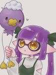  1girl :o balloon colored_skin commentary_request drifloon frilled_sleeves frills highres inkling inkling_girl long_hair mina_p pointy_ears pokemon pokemon_(creature) purple_hair purple_skin shirt side_slit simple_background solid_oval_eyes splatoon_(series) white_background white_shirt white_sleeves yellow_eyes 