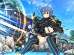  amane_(senran_kagura) bandolier belt belt_buckle black_belt black_jacket blue_hair blue_sky breasts buckle cliff cloud day emblem firing grass gun hair_ornament hairpin holding holding_gun holding_weapon huge_weapon jacket large_breasts leaf leather leather_jacket linea_alba midriff mountainous_horizon multiple_hairpins navel official_art red_eyes river senran_kagura senran_kagura_new_link shell_casing short_hair short_shorts shorts sky splashing striped striped_thighhighs suspenders thigh_belt thigh_strap thighhighs tree vertical-striped_thighhighs vertical_stripes water weapon yaegashi_nan 