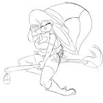  1:1 anthro big_breasts boots breasts broom broom_riding butt cleaning_tool clothed clothing eyes_closed female footwear fur gloves hair handwear hi_res high_heeled_boots high_heels holding_object lagomorph mammal monochrome open_mouth simple_background smile solo solura_(character) sosleepybunny_(artist) tall_boots 