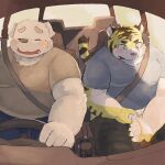  2023 anthro belly big_belly blush bodily_fluids bottomwear canid canine canis car chocobibear clothing domestic_dog duo eyes_closed felid genital_fluids hi_res humanoid_hands inside_car kemono male mammal overweight overweight_male pantherine pants peeing shirt sitting tiger topwear urine vehicle 