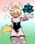  angry animal_humanoid balls blonde_hair blue_eyes blush bodily_fluids bowser bowsette_meme chastity_cage chastity_device collar crown dialogue english_text fishnet_leggings genital_fluids genitals girly hair headgear hi_res horn humanoid humanoid_pointy_ears koopa_humanoid looking_at_viewer male mario_bros meme nintendo nipple_piercing nipples open_mouth piercing precum scalie scalie_humanoid simple_background solo somik spiked_collar spikes super_crown talking_to_viewer text 