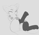 2023 3_toes anthro arteficialtrees black_clothing black_legwear black_thigh_highs canid canine cheek_tuft clothing cute_fangs ear_piercing eyebrows eyes_closed facial_markings facial_tuft feet female fox genitals grey_background greyscale head_markings head_tuft inner_ear_fluff innie_pussy jewelry legwear legwear_only mammal markings monochrome mostly_nude mouth_closed neck_tuft necklace pawpads piercing pussy raised_leg simple_background sitting sketch smile solo thigh_highs toes tuft 