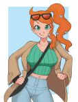  1girl aqua_eyes aqua_shirt bag breasts brown_coat bu55top coat collarbone denim eyewear_on_head hair_ornament hand_on_own_hip handbag heart heart_hair_ornament highres jeans large_breasts long_hair midriff orange-tinted_eyewear orange_hair pants pokemon pokemon_swsh ribbed_shirt shirt side_ponytail solo sonia_(pokemon) sunglasses swept_bangs tinted_eyewear v-neck 