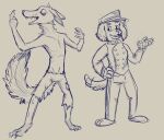  absurd_res anna_(nq) anthro barefoot bottomwear breasts canid canine canis clothed clothing coyote domestic_dog duo feet female fully_clothed hat headgear headwear hi_res keenadraws male mammal medium_breasts nan_quest navel pants santiago_(nq) shorts_only sketch skinny tail 