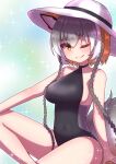  1girl absurdres animal_ear_fluff animal_ears black_one-piece_swimsuit breasts fox_ears fox_girl fox_tail grey_hair highres hikarikmy island_fox_(kemono_friends) kemono_friends kemono_friends_v_project large_breasts long_hair looking_at_viewer multicolored_hair one-piece_swimsuit one_eye_closed orange_eyes orange_hair smile solo swimsuit tail twintails virtual_youtuber 