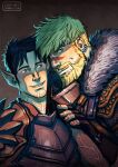  2boys alternate_facial_hair alternate_hairstyle bad_id bad_tumblr_id bara beard black_hair blonde_hair blue_eyes brown_armor couple cris_art dragon_age ear_piercing elf facial_hair facial_mark fingerless_gloves fur_trim gift_art gloves heads_together hulkling looking_at_another looking_at_viewer male_focus marvel mature_male monsterification multiple_boys piercing pointy_ears short_hair sideburns thick_eyebrows thick_mustache upper_body wiccan yaoi young_avengers 