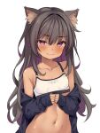  1girl animal_ear_fluff animal_ears bare_shoulders black_jacket blush bra breasts brown_hair cat_ears cat_girl character_request closed_mouth collarbone colored_inner_hair commentary_request copyright_request dark-skinned_female dark_skin jacket jacket_partially_removed kazumasa long_hair looking_at_viewer multicolored_hair navel out-of-frame_censoring paid_reward_available pink_eyes purple_hair simple_background small_breasts smile solo underwear upper_body white_background white_bra 