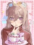  1girl absurdres cake food food_on_face highres holding holding_plate jacket kani_samurai light_brown_hair long_hair looking_at_viewer original plate purple_eyes red_jacket solo track_jacket twintails 