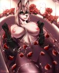 2022 5_fingers anthro artist_name bath bathing bathroom big_breasts bite biting_lip biting_own_lip black_nose blue_eyes breasts candle canid canine claws detailed_background digital_media_(artwork) eyshadow female finger_claws fingers flower fox fur genitals grey_hair hair hi_res inner_ear_fluff kagami_suki leg_markings long_hair looking_at_viewer makeup mammal markings narrowed_eyes navel nipples nude partially_submerged petals pink_nipples pizhma plant pussy romantic rose_(flower) socks_(marking) solo tuft wet wet_body wet_fur white_body white_fur 