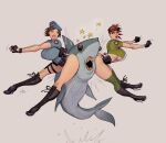  2023 boots breasts brown_hair butt capcom clothing devil_hs feral fingerless_gloves fish footwear gloves group hair handwear hat headgear headwear hi_res human jill_valentine mammal marine open_mouth rebecca_chambers resident_evil shark side_boob simple_background teeth trio 