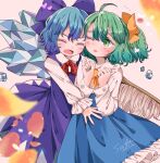  2girls absurdres ahoge blue_bow blue_dress blue_hair blurry blurry_background blush bow cirno closed_eyes daiyousei dress flying_sweatdrops frilled_shirt_collar frills glint green_eyes green_hair hair_bow hands_up heart highres ice ice_wings long_sleeves looking_at_another looking_to_the_side multiple_girls one_eye_closed one_side_up open_mouth petals petticoat salt_(seasoning) signature simple_background touhou wings yuri 