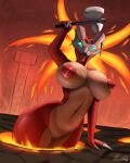  anthro anthrofied big_breasts blue_eyes breasts crossgender dragon female fire genitals glowing glowing_eyes hammer hi_res horn lava lava_pool looking_at_viewer mtf_crossgender nipples nude open_mouth paradoxing pussy red_body red_scales scales scalie solo tools volvagia 