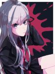  1girl black_background black_jacket black_ribbon black_skirt blood blood_splatter border braid closed_mouth collared_shirt danganronpa:_trigger_happy_havoc danganronpa_(series) from_side grey_shirt hair_ribbon hand_up highres jacket kata_tsumurou kirigiri_kyoko long_hair long_sleeves miniskirt necktie open_clothes open_jacket pink_background pink_blood pink_hair pleated_skirt red_necktie ribbon shirt skirt solo white_border 